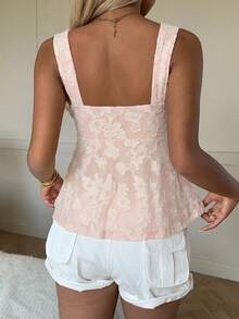 SHEIN EZwear 女士浅粉色优雅茶会娃娃衫上衣，提花甜心领抽绳打结宽肩带夏季时尚百合蕾丝上衣，夏季服装 - 粉色 - 查看 2