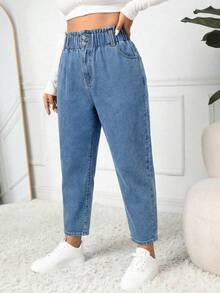 Firerie Plus Size Women Pockets Button Casual Versatile Daily Wear Jeans - Blue - View 4