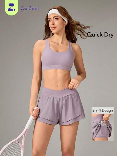 OutZeal 女士跑步短裤 运动短裤 纯色 夏季春季 健身房 网球 收腹 弹力交叉腰带 内置短裤