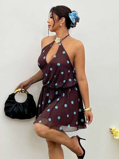 Firerie Plus Size Polka Dot Sleeveless Backless Wrap Dress With Spaghetti Straps, Summer