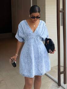 Dripcurv Plus Size Women Deep V-Neck Casual Party Denim Dress - Light Wash - View 1