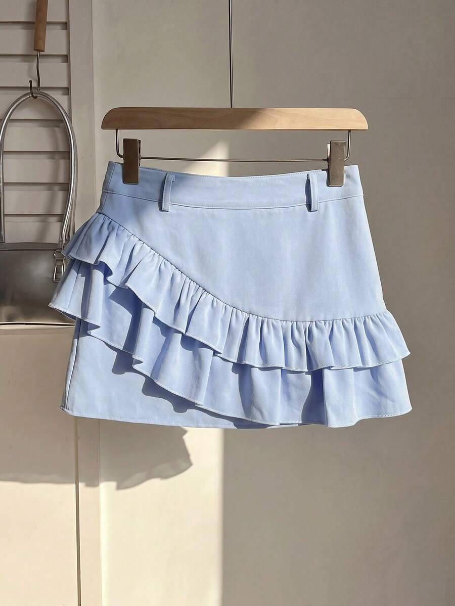 Aidyla Fashionable&Elegant Light Blue Women's Ruffle Hem Belted A-Line Skort,Cute Autumn Date Summer Mini Skirt With Shorts,Two Piece Set Ruffled For Beach