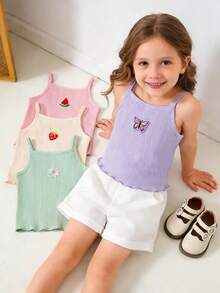 SHEIN Playful Pals 4pcs Baby Girls' Casual Comfortable Camisole Set, Spring/Summer - Multicolor - View 3