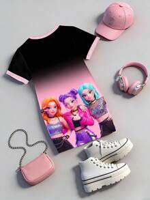 Young Girls Casual K-POP Singer Cartoon Pattern Black & Pink Ombre Color Block Knit Dress,Comfortable Back-To-School School Outfit For Summer - Multicolor - View 2
