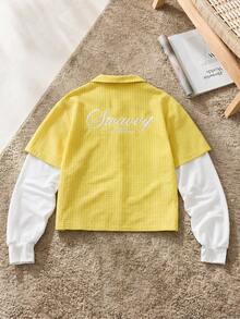 SWAVVY Men's Contrast Color Patchwork Plaid Letter Embroidery 2 In 1 Shirt - Light Yellow - View 3