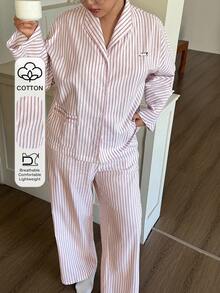 Dazy Plus 2pcs Plus Size Women Casual Striped Loose Fit Long Top And Pants Pajama Set, Spring/Autumn - Red - View 8