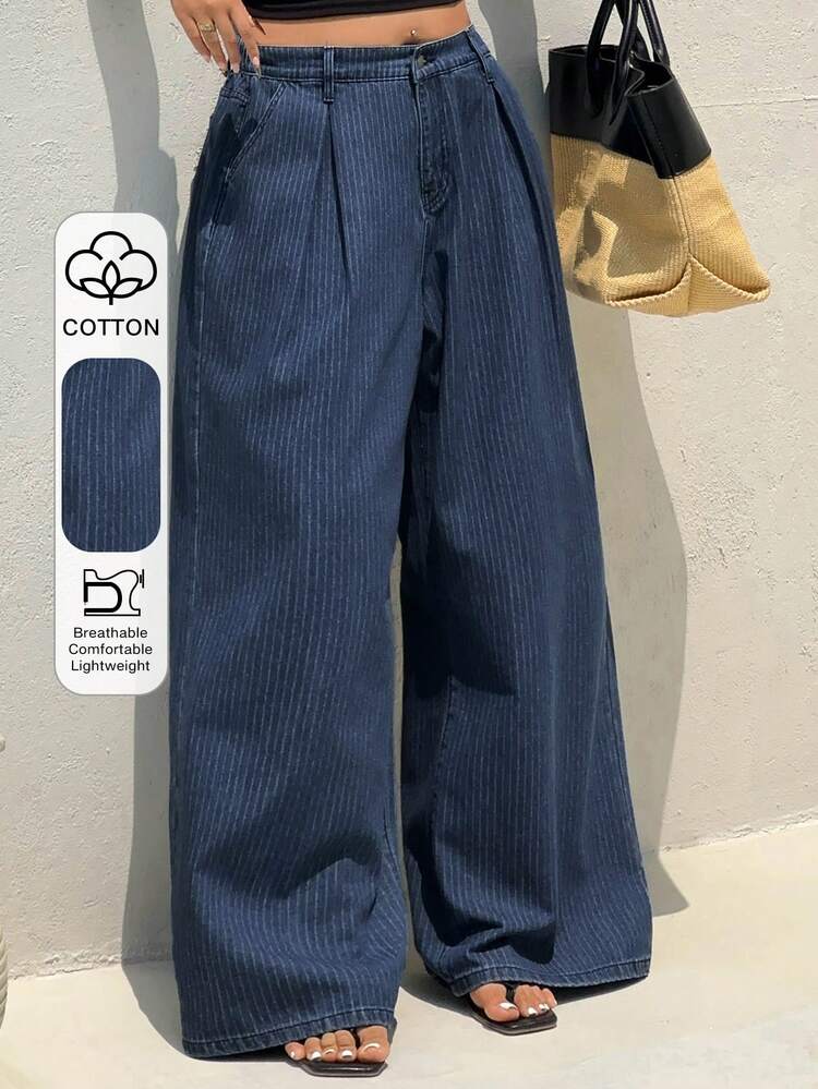 Dazy Plus Striped High Waist Pleated Wide Leg Casual Vacation Style Plus Size Women Street Loose Long Jeans