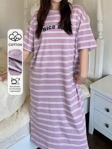 Dazy Plus 字母印花条纹宽松大码女式春夏睡衣/家居服 - 淡紫色 - 查看 1