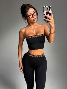 无缝针织豹纹抹胸上衣和豹纹腰部纯黑色阔腿七分裤 女士瑜伽休闲运动套装 - 黑色 - 查看 8