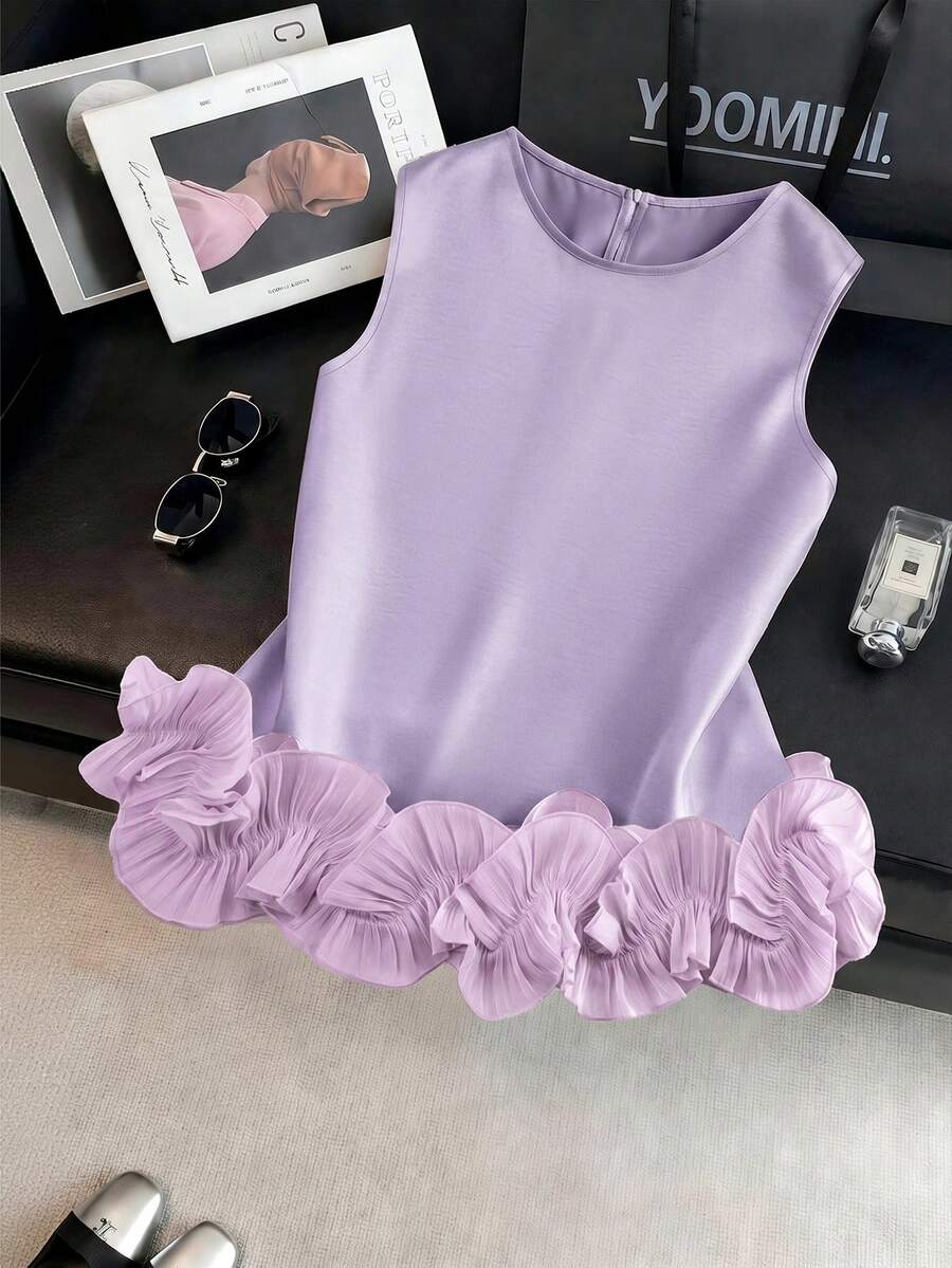 SHEIN LUNE 女士优雅缎面双层荷叶边无袖背心,适合春夏外出和约会 - 淡紫色 - 查看 1