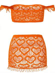 ChaseTheNight 2pcs/Set Red Sexy Off-Shoulder Crop Top And Mini Skirt Set, Heart Pattern, Suitable For Holidays, Parties, Couples - Orange - View 3