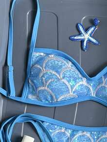 SHEIN Swim Mod Bộ bikini gợi cảm buộc dây cổ, đính sequin hình vỏ sò, dành cho nữ, thích hợp mặc đi biển mùa hè. - Màu xanh lam - Xem 3