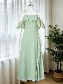 SHEIN 少女优雅纯色荷叶边露肩派对连衣裙，夏季 - 綠色 - 查看 4