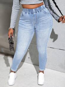 Slaydiva Quần jean skinny cạp cao rách dáng rộng cỡ lớn - Rửa nhẹ - Xem 4