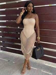 BamGleam Vestido Tubinho Ajustado com Franjas Transparentes para Praia e Férias Sexy para Mulheres - Damasco - Visão 5