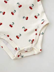 3pcs/Set Cute Casual Knit Babygirl Cherry Print Strap Romper Outfit - Multicolor - View 10