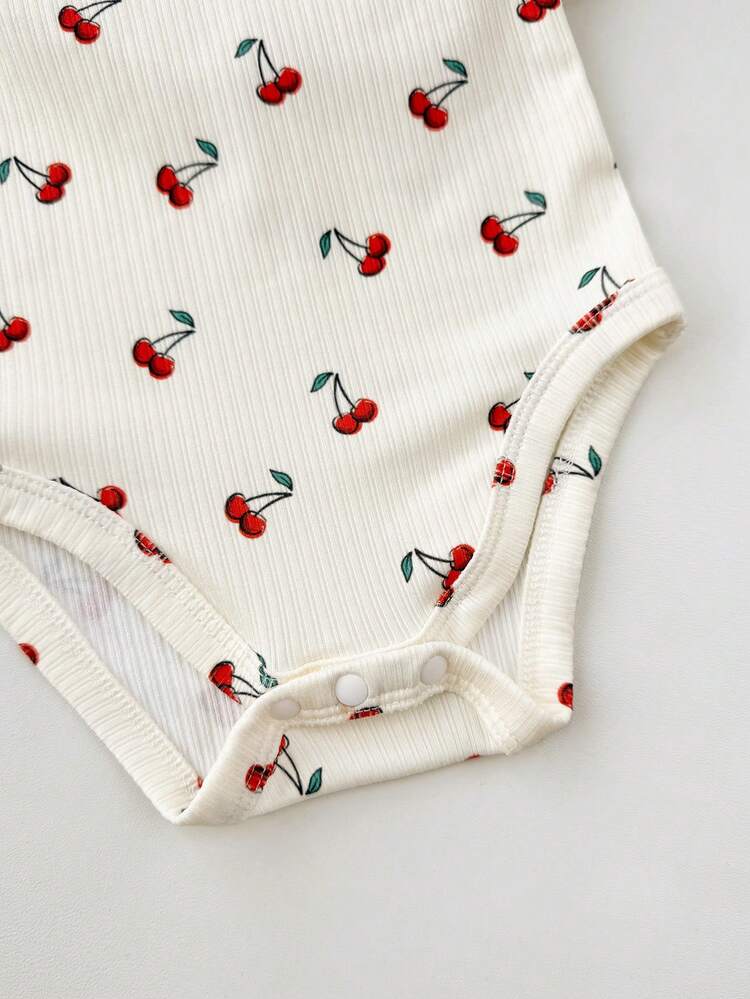 3pcs/Set Cute Casual Knit Babygirl Cherry Print Strap Romper Outfit - Multicolor - View 9