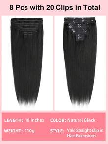 Yaki Straight Clip In Hair Extensions 18 Inch Real Human Hair Extensions For Women 8 Pcs/Set Double Weft Full Head Brazilian Remy Hair Extensions Natural Black - Natural Black - View 7