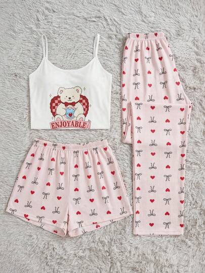 SHEIN Cotton Plus White Cute Bear Letter Printed Sleeveless Top&Pink Plaid Bow Pattern Long Pants And Shorts Homewear Comfort Casual 3pcs Pajama Set