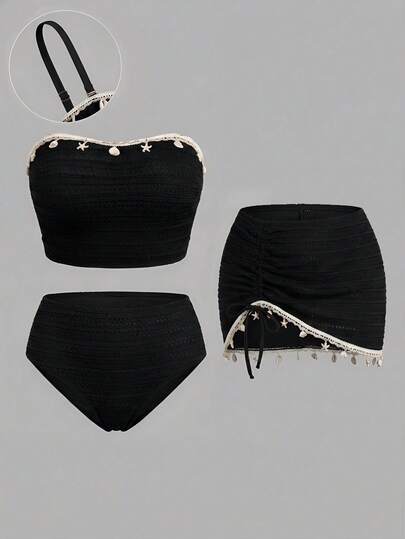 Sweetra CURVE Traje de baño de talla grande para mujer, con decoración de concha de tela especial, estilo bandeau de cintura alta dividida, bikini retro para vacaciones en la playa de talla grande