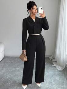 Elenzga Plus Size Women's Notched Collar, Decorative Button, Straight Leg Pants Solid Color 2 Pieces Set Office Black Autumn Elegant - Black - View 7