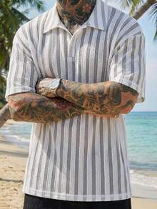 DAZY Men's Striped Short Sleeve Casual Loose Polo Collar T-Shirt, Summer - Multicolor - View 2