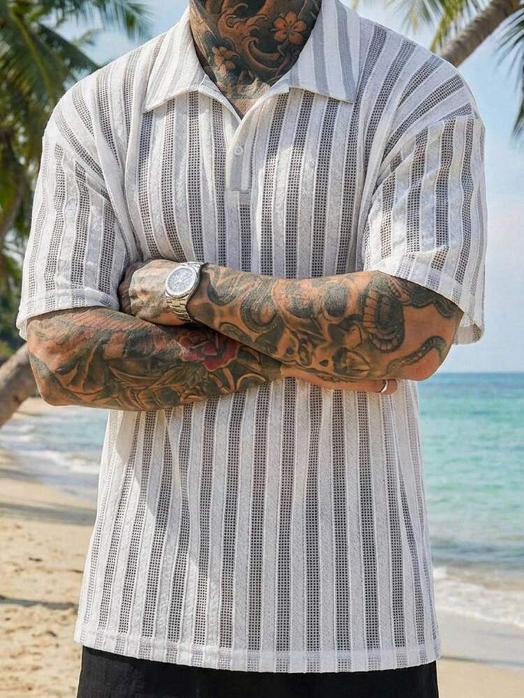 Men's Striped Short Sleeve Casual Loose Polo Collar T-Shirt, Summer
