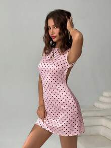 SHEIN EZwear Pink Polka Dot Sleeveless Backless Mini Dress - Pink - View 6