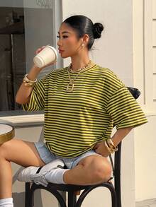 Muchica 95%纯棉夏季休闲度假装，宽松中长款黄棕条纹印花圆领落肩女式T恤，送朋友的礼物。Y2K风格外套上衣 - 彩色 - 查看 5