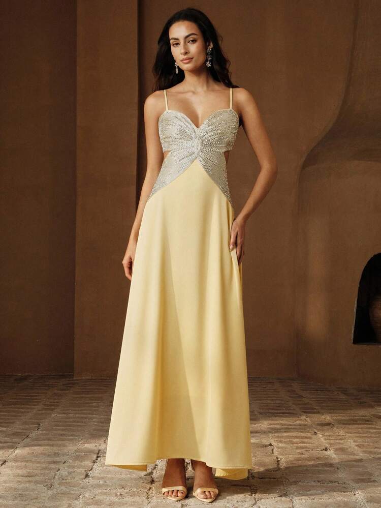 Women's Elegant Sequin & Beaded Long Dress, Suitable For Party, Banquet, And Formal Occasions