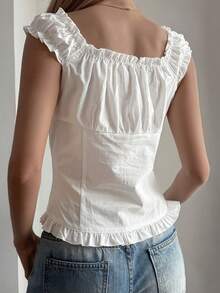 DAZY Damen Mode einfarbiges Rüschen Off-Shoulder Camisole Top für den Sommer - Weiss - Übersicht 2