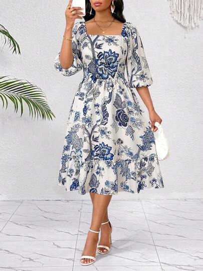 SHEIN Lady 女士印花灯笼袖优雅连衣裙，适合度假