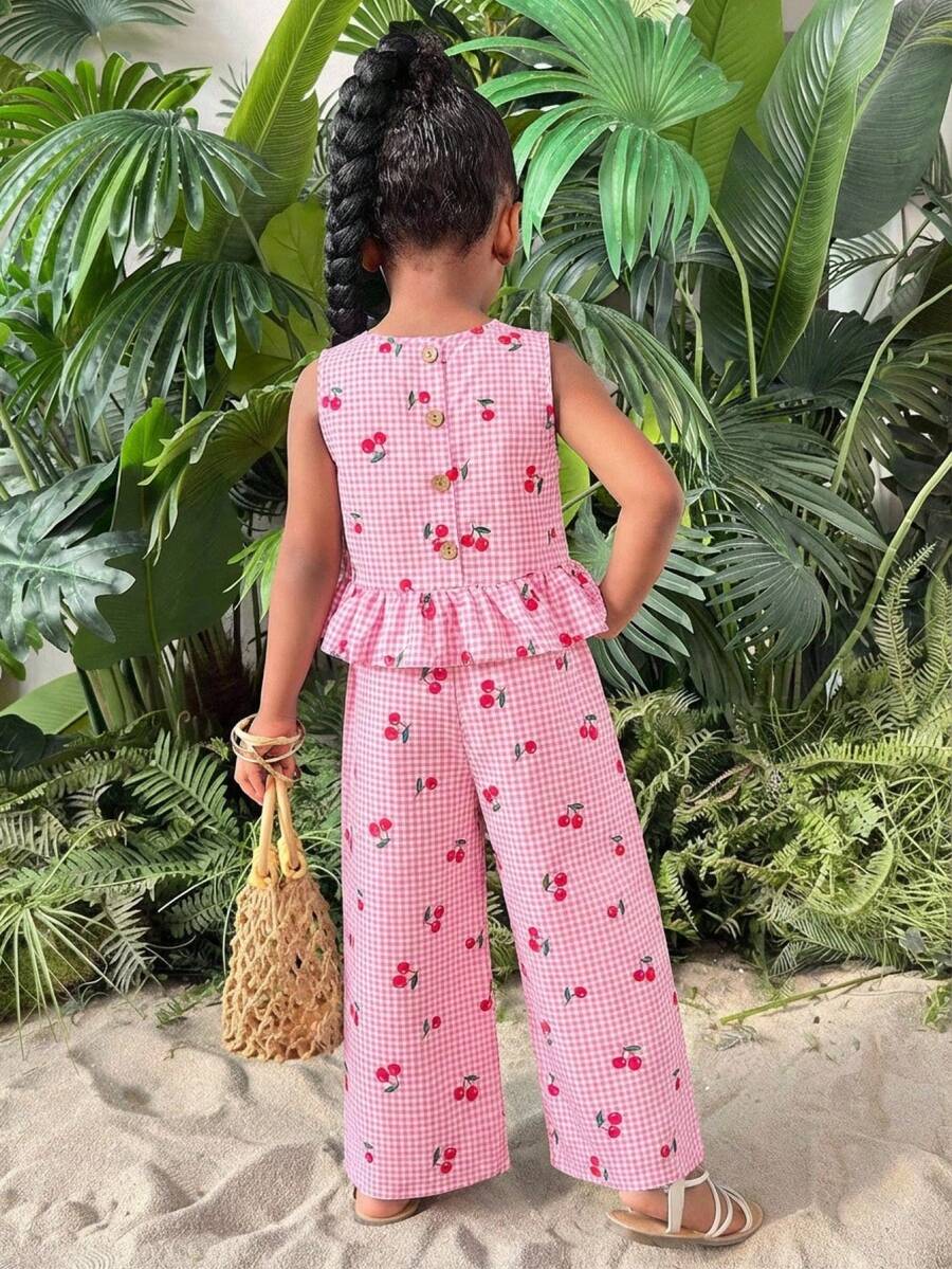 SHEIN 女童休闲绿色纹理面料背心和短裤套装 - 綠色 - 查看 1