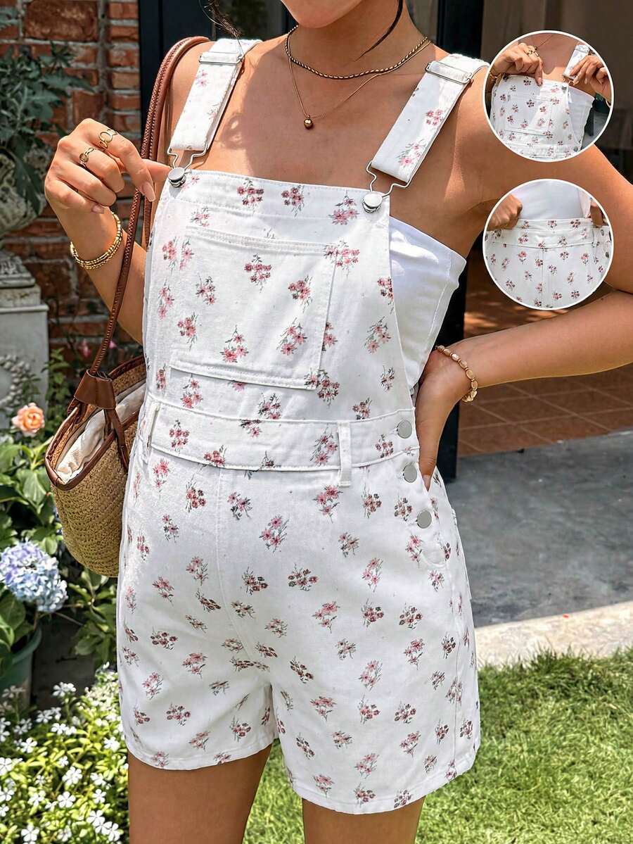 Lyckli White Maternity Floral Print Pocket Adjustable Bib Shorts For Summer Baby Shower,Women Cute Flower Pattern Strap Overalls Y2k Chic Beach Carnival - White - View 1