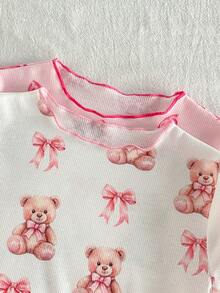4 Stücke/Set Kleine Mädchen Süßer Bär & Schleife Muster Kurzarm Top und Hose Pyjama Set - Verschiedenfarbig - Übersicht 3