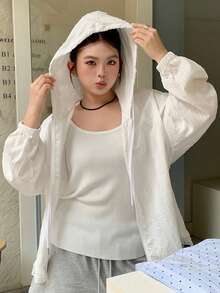 Dazy Plus Jaket Kasual Gaya Liburan Wanita Ukuran Besar Musim Semi/Panas dengan Tudung Lengan Panjang, Bahan Tekstur Longgar, Patchwork Renda - Putih - View 9