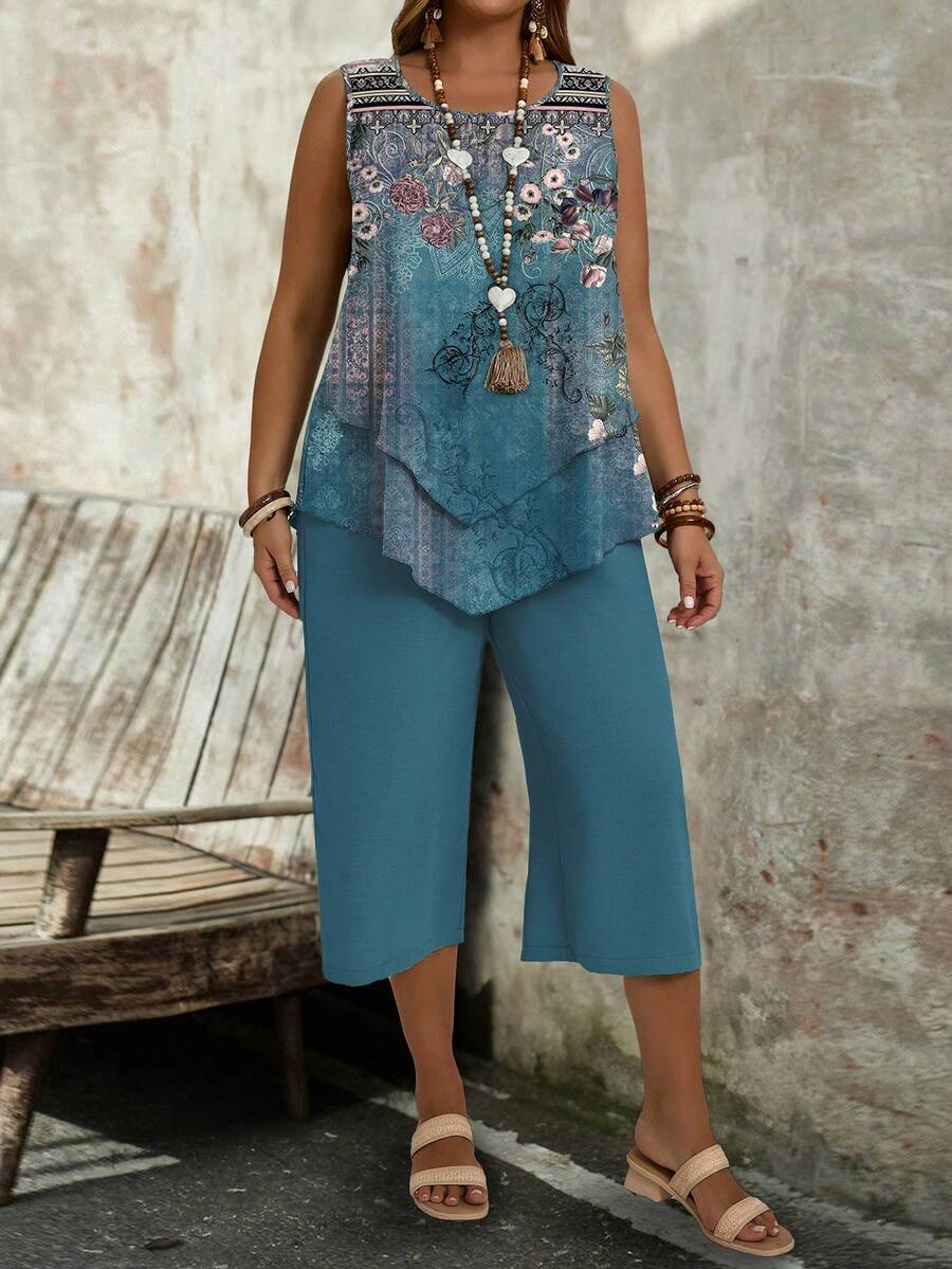 SHEIN LUNE Conjunto casual feminino plus size de duas peças, estampa floral vintage azul, verão - Multicolorido - Ver 1