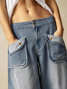 Bohemela Quần jean denim nữ đa năng, dáng rộng, có túi, vạt bất đối xứng - Rửa nhẹ - Xem 6