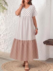EMERY ROSE Plus Size Polka Dot & Striped Patchwork Short Sleeve Dress - Rust Brown - View 4