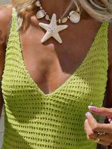 Spring/Summer Sleeveless V-Neck Backless Knit Dress, Casual Beach Vacation Style - Green - View 4