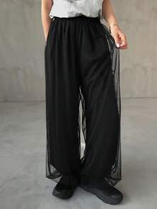 FRIFUL Women's Elastic Waist Mesh Patchwork Casual Versatile Daily Wear Pants - Black - View 2