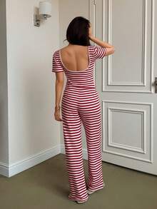 Napfluff Bộ đồ ngủ nữ Ins Style kiểu dáng giản dị, hở lưng, sọc đỏ trắng, chất liệu mềm mại, tay ngắn và quần dài. - Đỏ và trắng - Xem 2