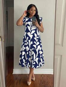 SHEIN Lady CURVE Vestido casual de verano con estampado floral de talla grande - Azul Marino - Ver 6