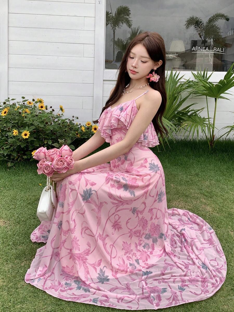 DAZY Đầm dài ngang gối màu hồng họa tiết hoa nhí thanh lịch, thích hợp cho mùa xuân và hè. - Hồng - Xem 1