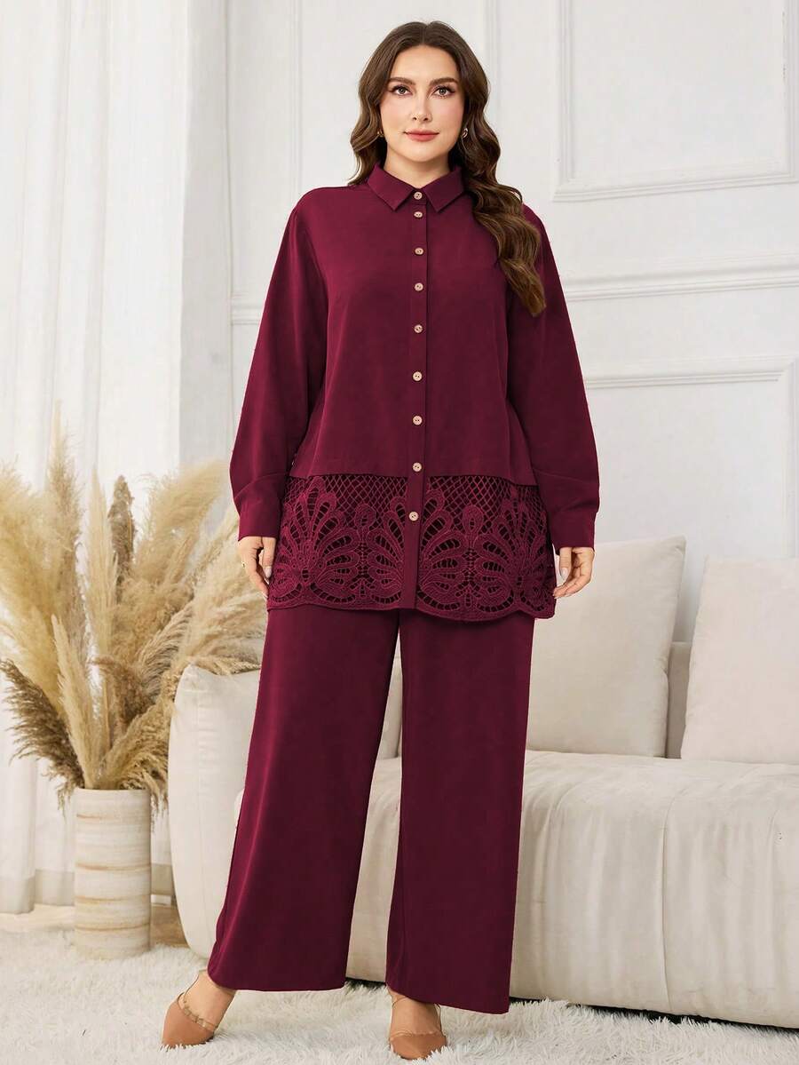 SHEIN Lacomfia Bộ đồ 2 món cỡ lớn, kiểu dáng thường ngày, màu trơn, gồm áo dài tay có bèo nhún ở gấu và quần ống rộng cạp chun, thích hợp cho mùa xuân/thu. - Màu Đỏ Sâu - Xem 1