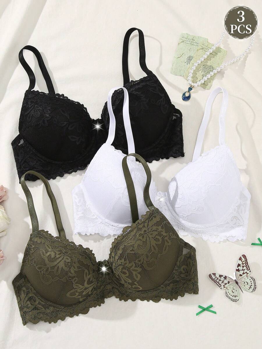 DesireSculpt 3件套蕾丝钢圈文胸套装,女士情人节礼物 - 彩色 - 查看 1