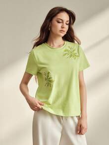 Anewsta 女士夏季亮片刺绣修身绿色T恤 - 薄荷綠 - 查看 4