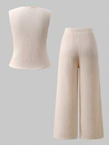 Bộ vest thanh lịch dành cho nữ sinh tuổi teen mùa xuân/hè, thích hợp đi học, gồm áo vest không tay cài cúc phía trước và quần ống đứng dáng rộng, chất liệu vải dệt màu trơn. - Màu be - Xem 2