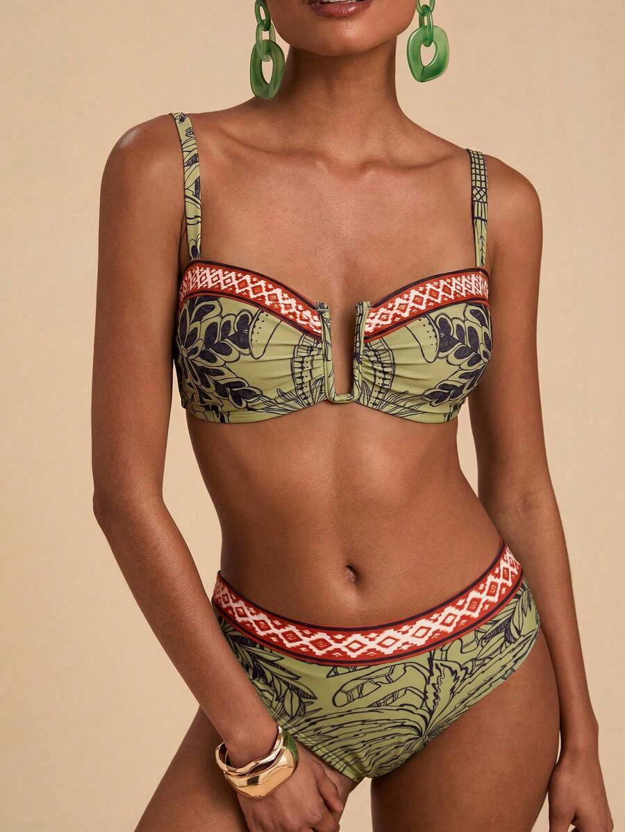 Travachic Women's Tropical Print Swimwear Set Summer Beach Outfit Vacation Bikini Bathing Suits - Multicolor - View 1