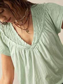 Bohemela Blusa suelta de mujer de manga corta con cuello en V de unicolor - verde menta - Ver 7